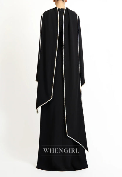 Column Bateau Neck Long Sleeves Pearl Beading Evening Dress with Scarf