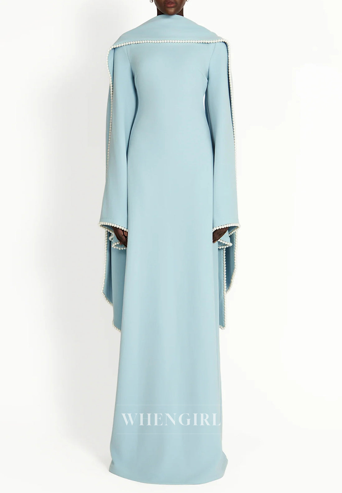 Column Bateau Neck Long Sleeves Pearl Beading Evening Dress with Scarf