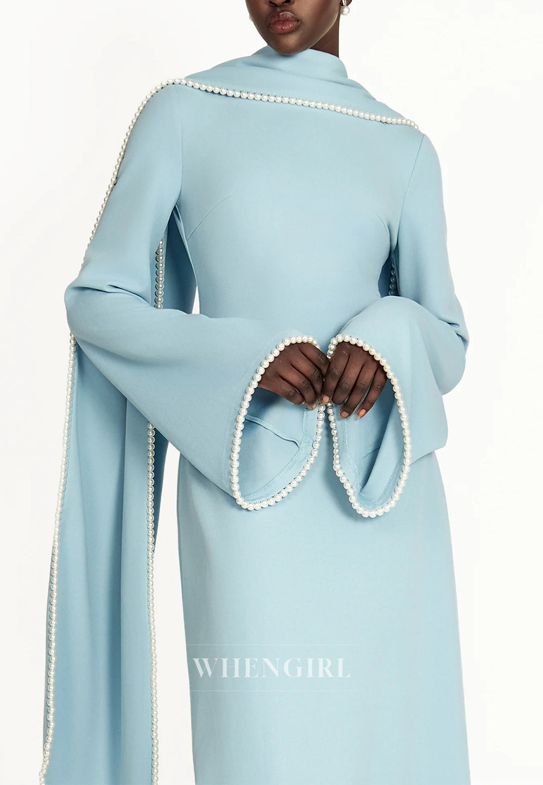 Column Bateau Neck Long Sleeves Pearl Beading Evening Dress with Scarf