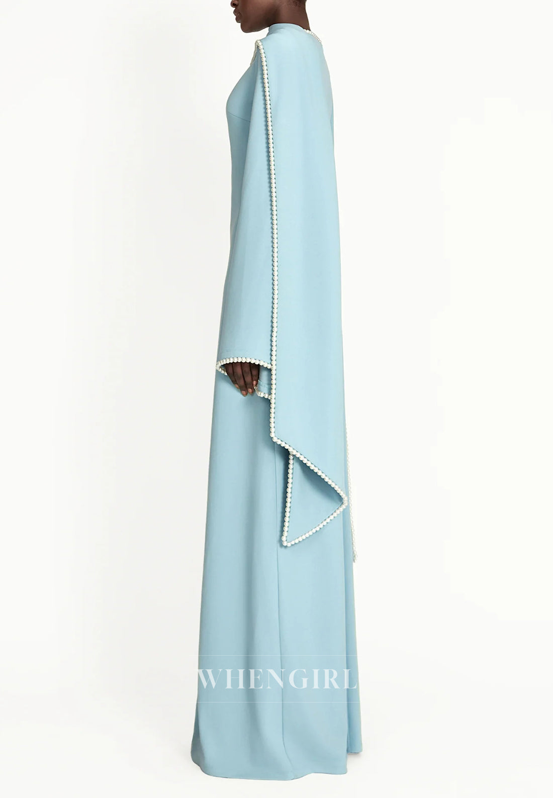 Column Bateau Neck Long Sleeves Pearl Beading Evening Dress with Scarf