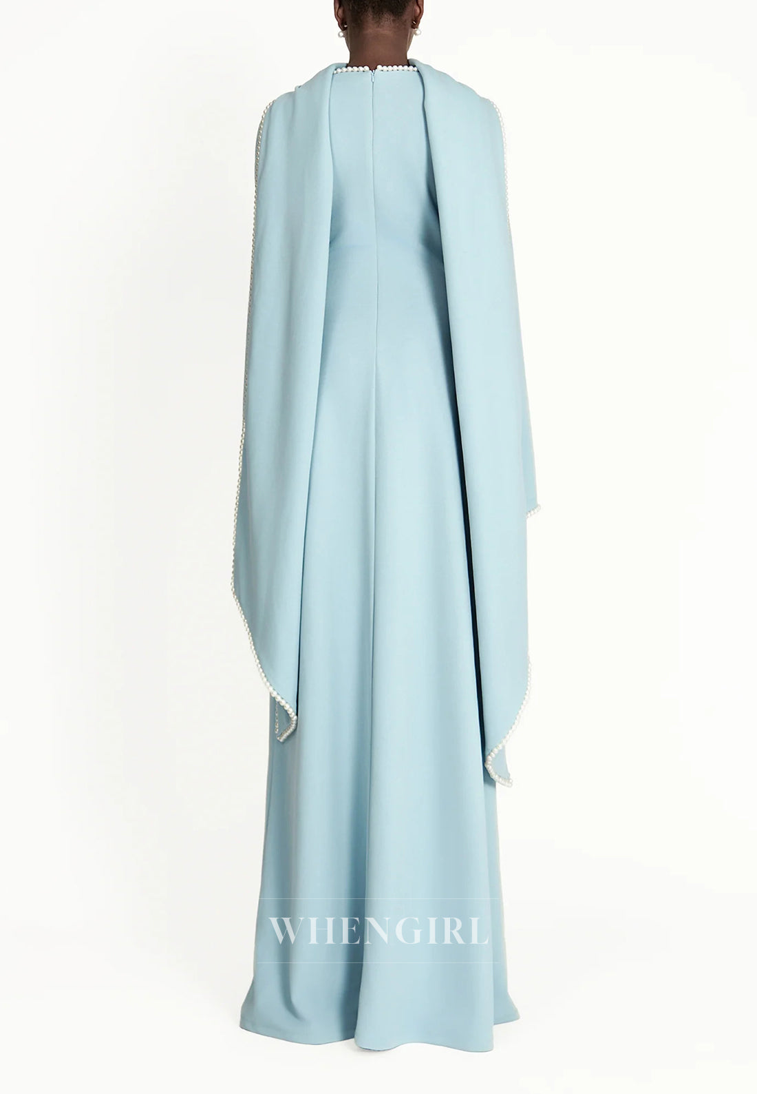 Column Bateau Neck Long Sleeves Pearl Beading Evening Dress with Scarf