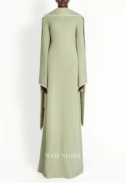Column Bateau Neck Long Sleeves Pearl Beading Evening Dress with Scarf