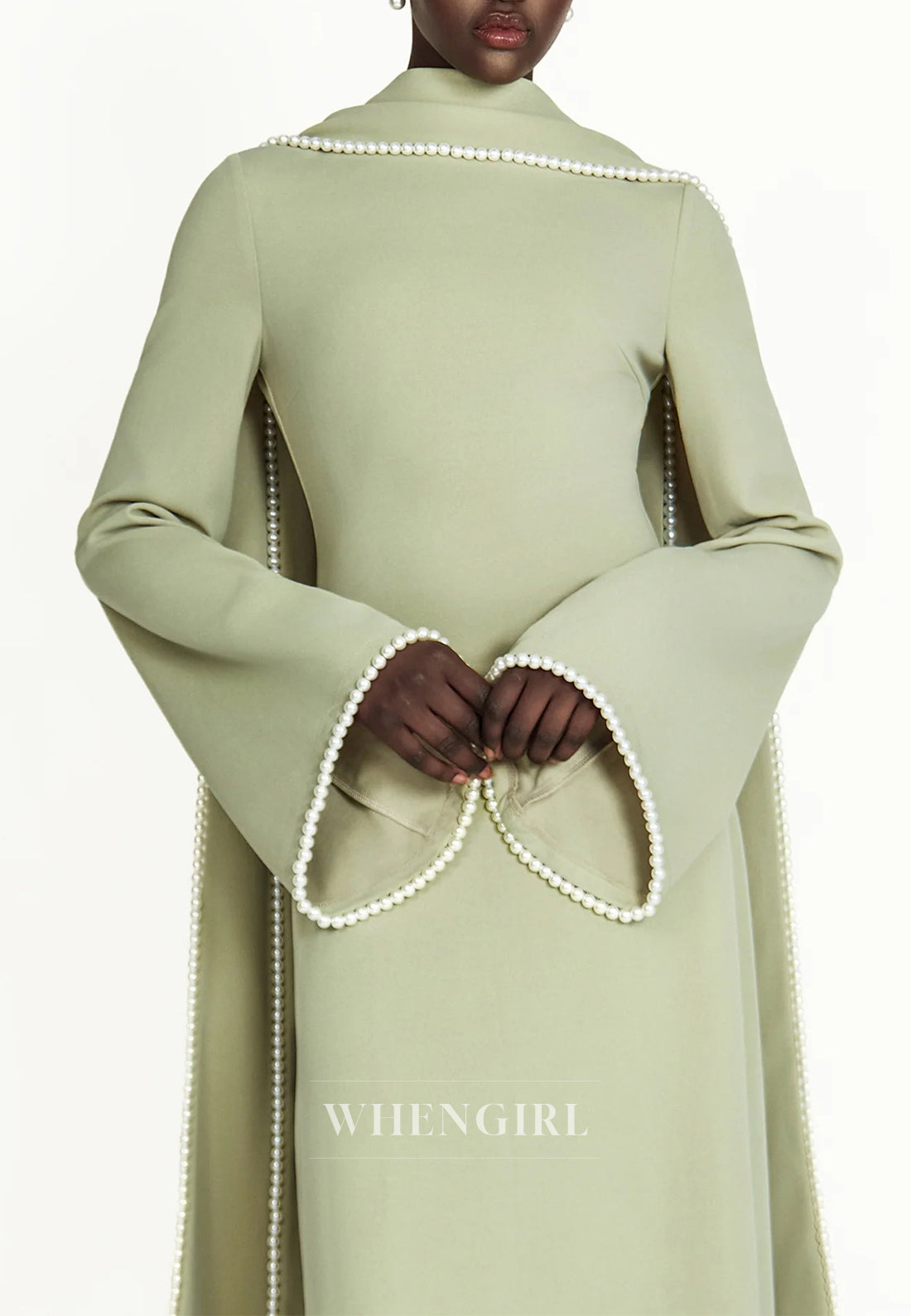 Column Bateau Neck Long Sleeves Pearl Beading Evening Dress with Scarf
