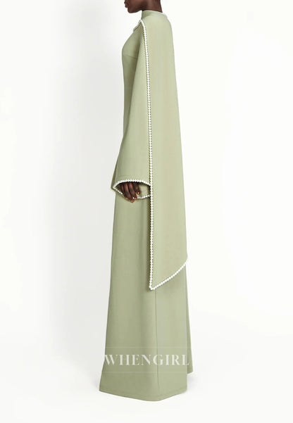 Column Bateau Neck Long Sleeves Pearl Beading Evening Dress with Scarf
