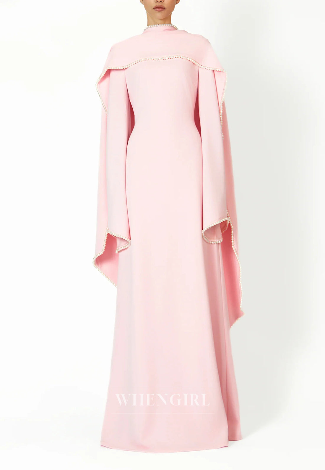 Column Bateau Neck Long Sleeves Pearl Beading Evening Dress with Scarf