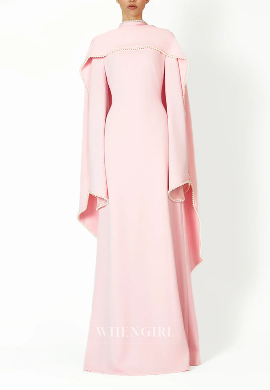 Column Bateau Neck Long Sleeves Pearl Beading Evening Dress with Scarf