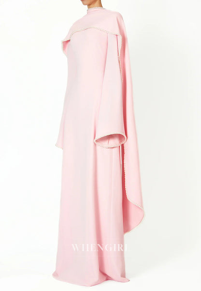 Column Bateau Neck Long Sleeves Pearl Beading Evening Dress with Scarf