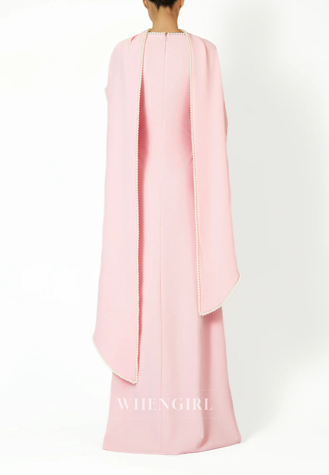 Column Bateau Neck Long Sleeves Pearl Beading Evening Dress with Scarf