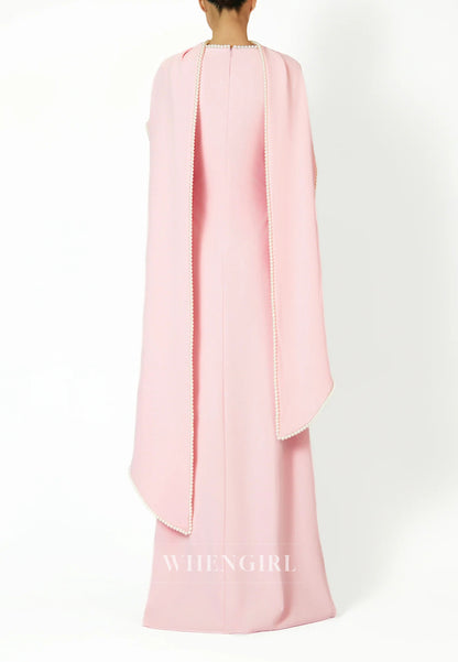 Column Bateau Neck Long Sleeves Pearl Beading Evening Dress with Scarf