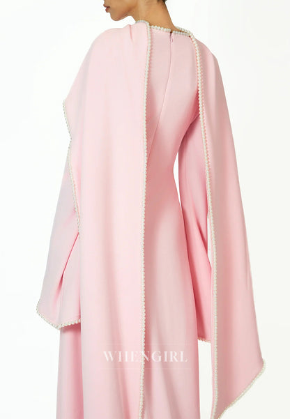 Column Bateau Neck Long Sleeves Pearl Beading Evening Dress with Scarf