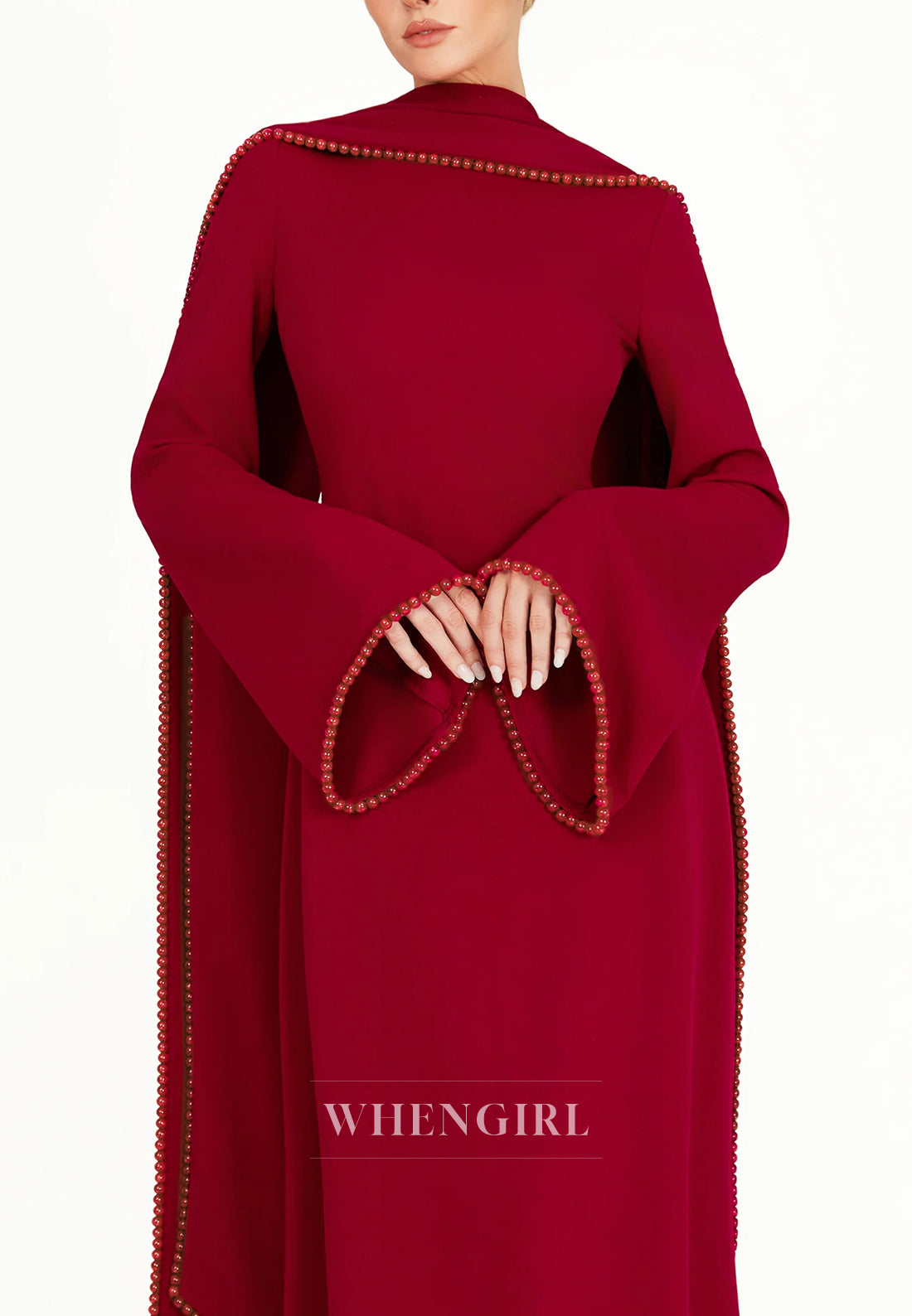 Column Bateau Neck Long Sleeves Pearl Beading Evening Dress with Scarf