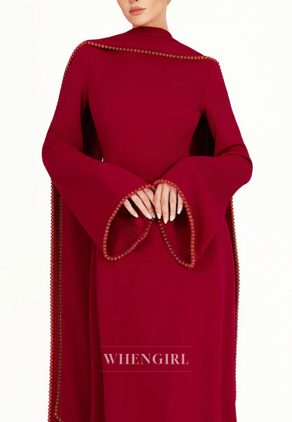 Column Bateau Neck Long Sleeves Pearl Beading Evening Dress with Scarf