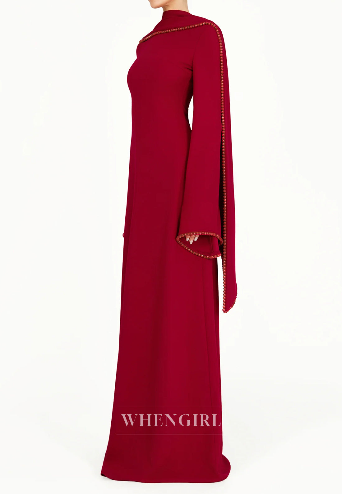 Column Bateau Neck Long Sleeves Pearl Beading Evening Dress with Scarf