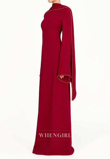 Column Bateau Neck Long Sleeves Pearl Beading Evening Dress with Scarf