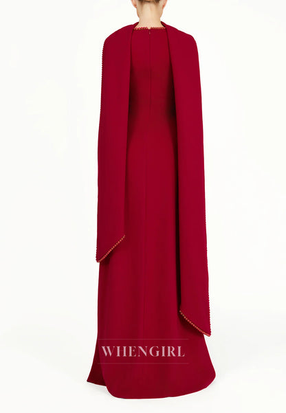 Column Bateau Neck Long Sleeves Pearl Beading Evening Dress with Scarf