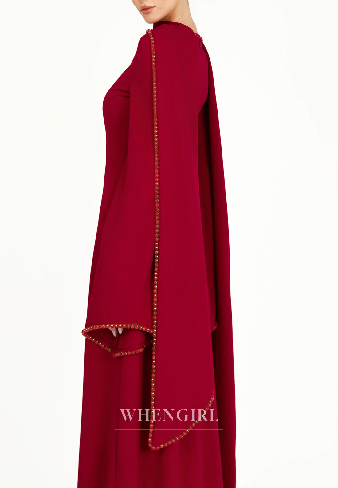 Column Bateau Neck Long Sleeves Pearl Beading Evening Dress with Scarf