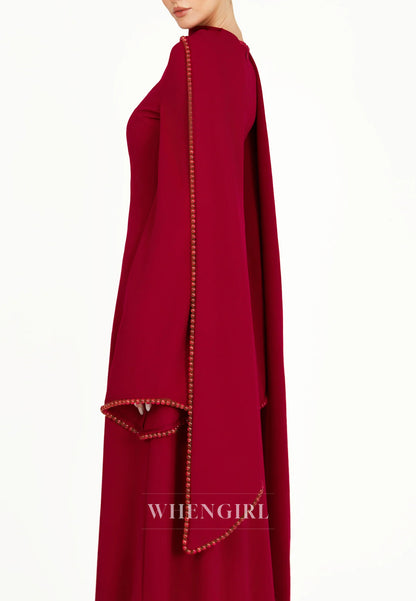 Column Bateau Neck Long Sleeves Pearl Beading Evening Dress with Scarf