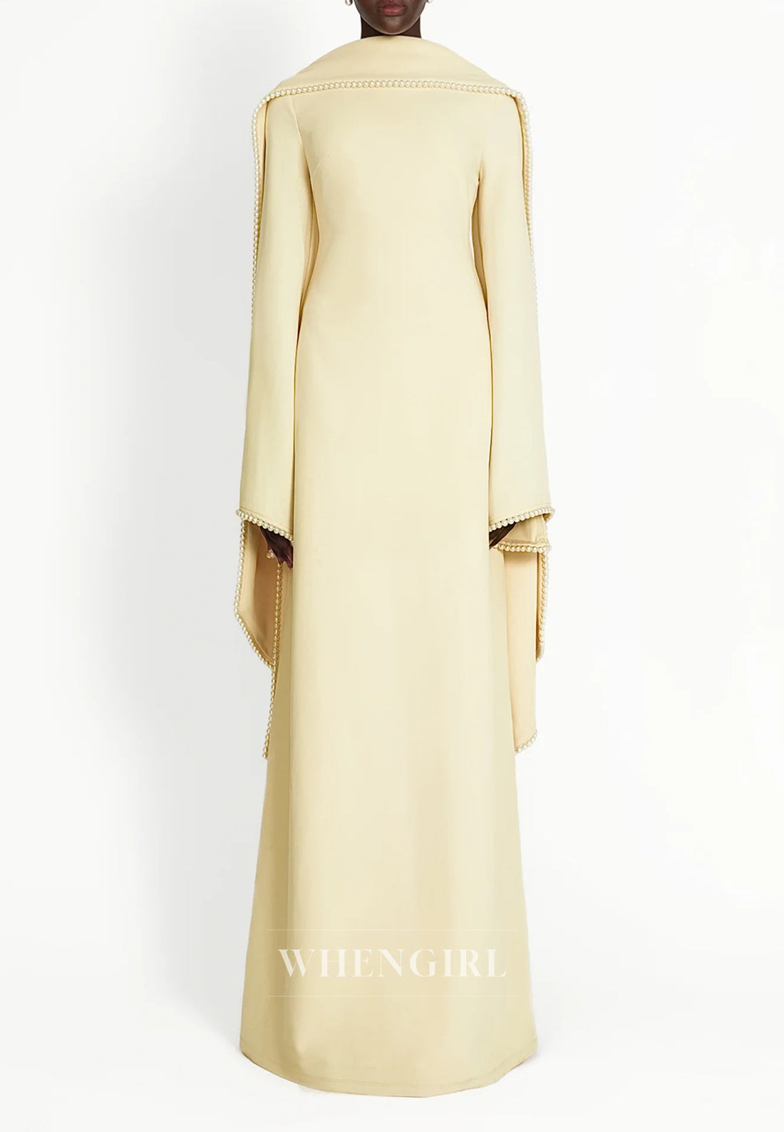 Column Bateau Neck Long Sleeves Pearl Beading Evening Dress with Scarf