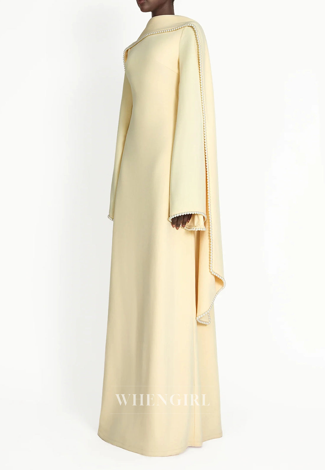 Column Bateau Neck Long Sleeves Pearl Beading Evening Dress with Scarf