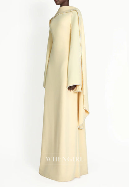 Column Bateau Neck Long Sleeves Pearl Beading Evening Dress with Scarf