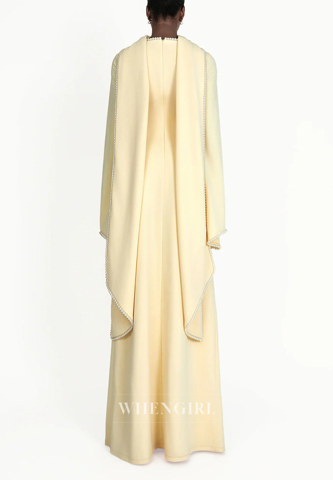 Column Bateau Neck Long Sleeves Pearl Beading Evening Dress with Scarf