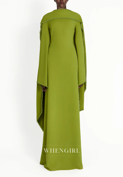 Column Bateau Neck Long Sleeves Pearl Beading Evening Dress with Scarf