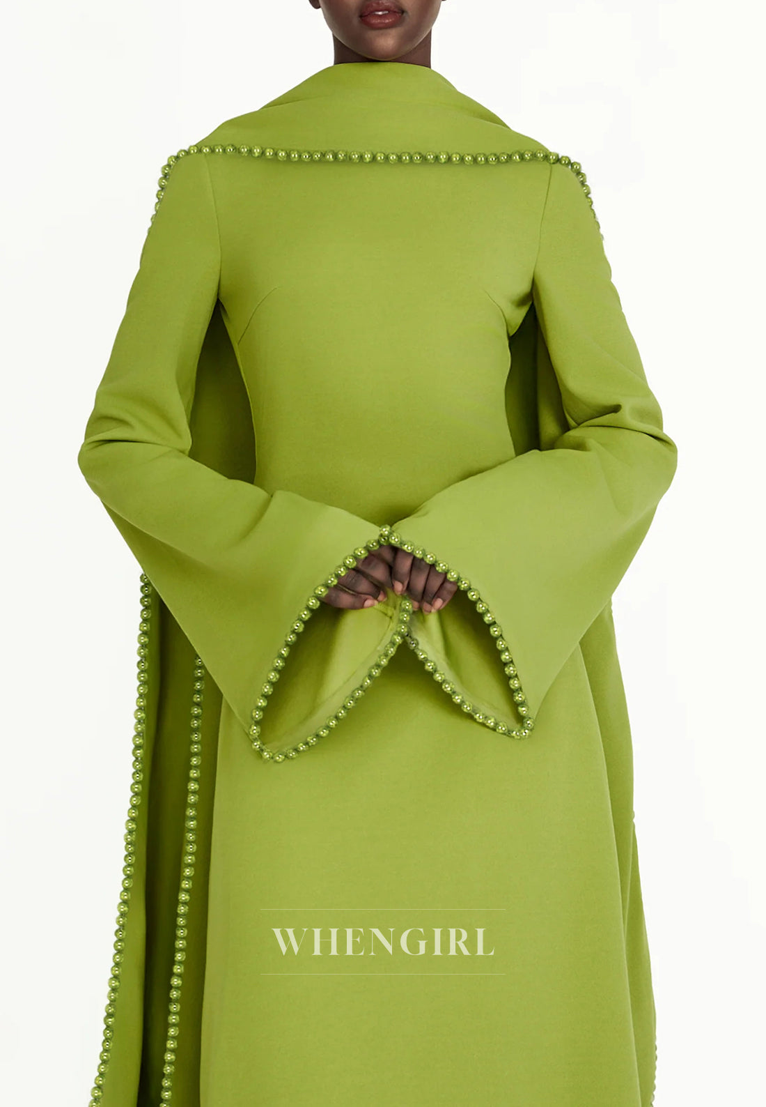 Column Bateau Neck Long Sleeves Pearl Beading Evening Dress with Scarf
