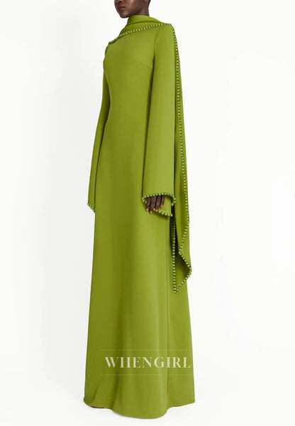 Column Bateau Neck Long Sleeves Pearl Beading Evening Dress with Scarf