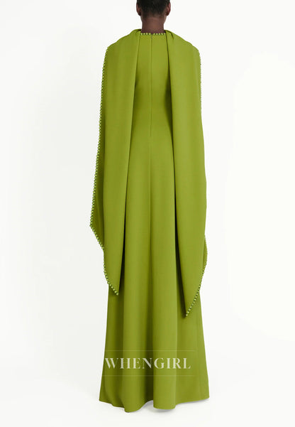Column Bateau Neck Long Sleeves Pearl Beading Evening Dress with Scarf