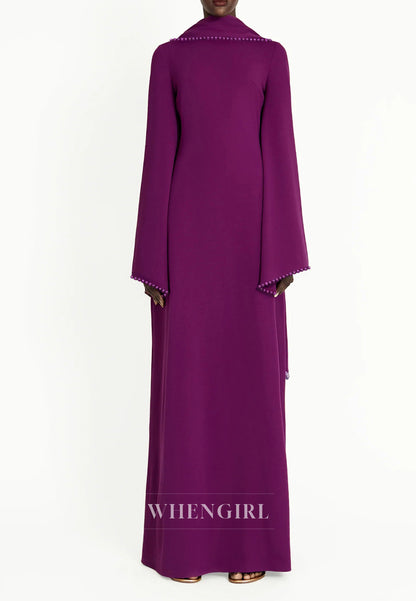 Column Bateau Neck Long Sleeves Pearl Beading Evening Dress with Scarf