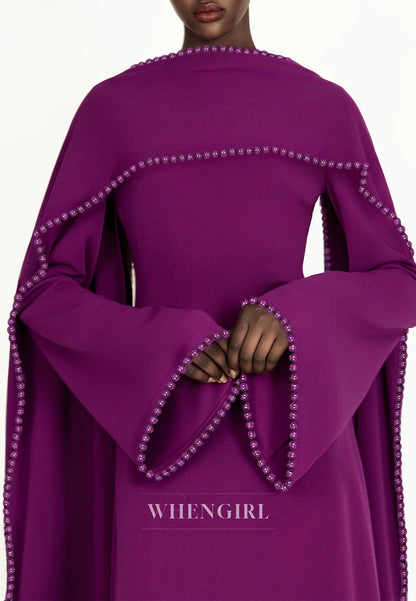 Column Bateau Neck Long Sleeves Pearl Beading Evening Dress with Scarf