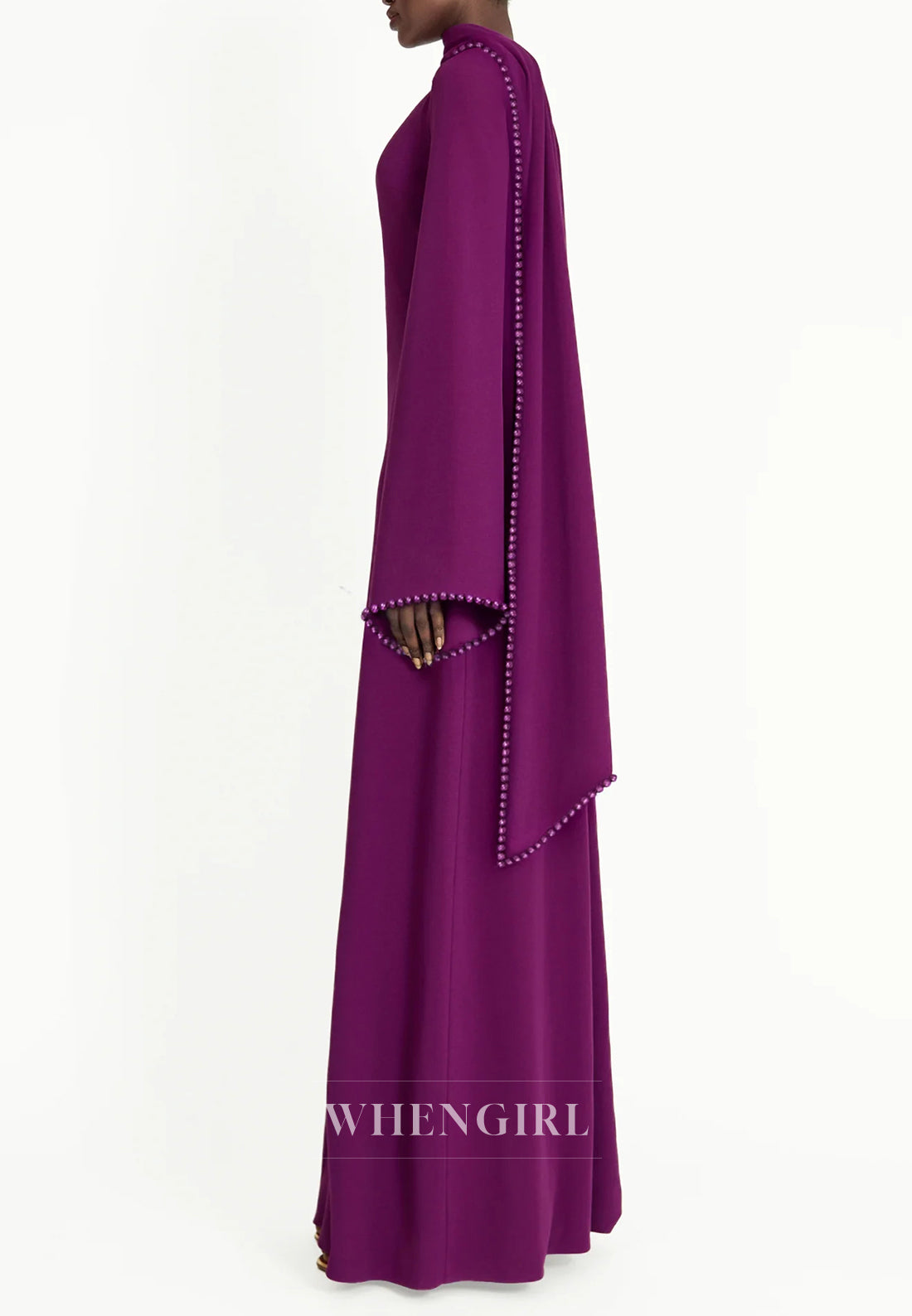 Column Bateau Neck Long Sleeves Pearl Beading Evening Dress with Scarf