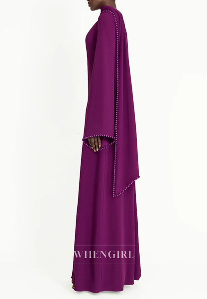 Column Bateau Neck Long Sleeves Pearl Beading Evening Dress with Scarf