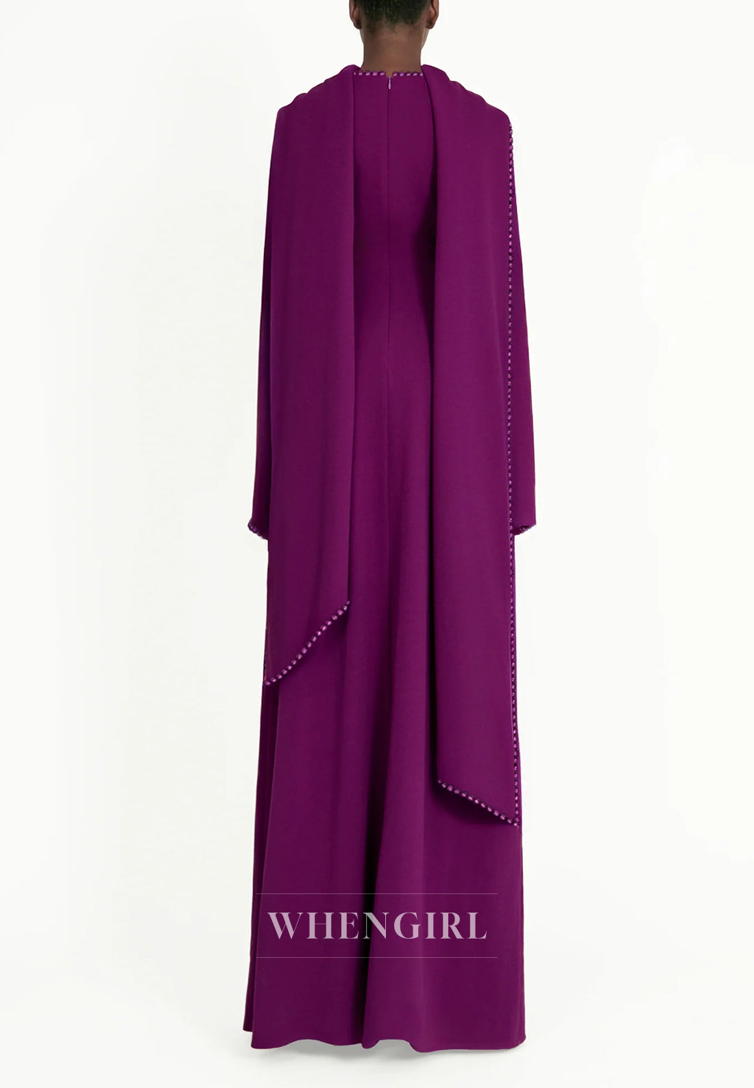 Column Bateau Neck Long Sleeves Pearl Beading Evening Dress with Scarf