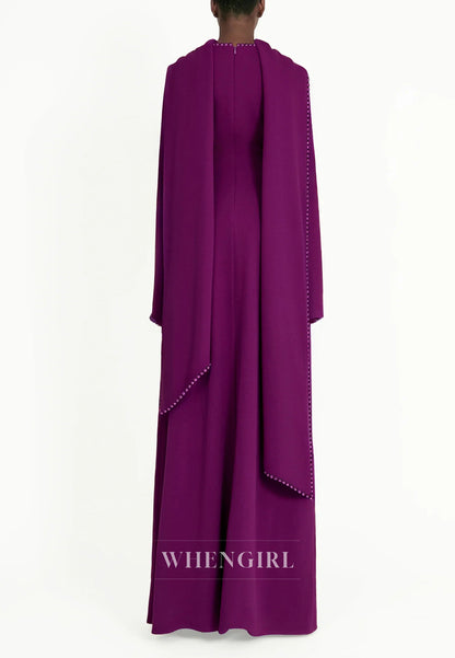 Column Bateau Neck Long Sleeves Pearl Beading Evening Dress with Scarf