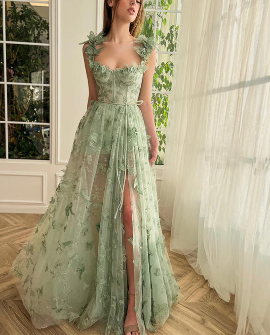 A-Line Square Strapless Sleeveless 3D Butterfly Long Prom Dress with Slit