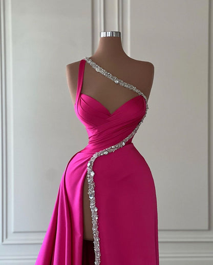 A-Line One Shoulder Sleeveless Pleated Sequins Long Prom Dress with High Side Slit and Train