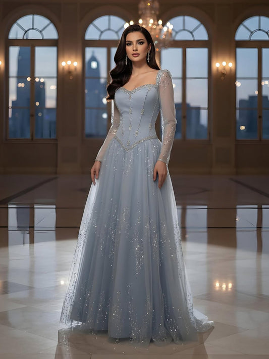 Luxury Blue Crystal Beaded A Line Evening Dress With Long Sleeves