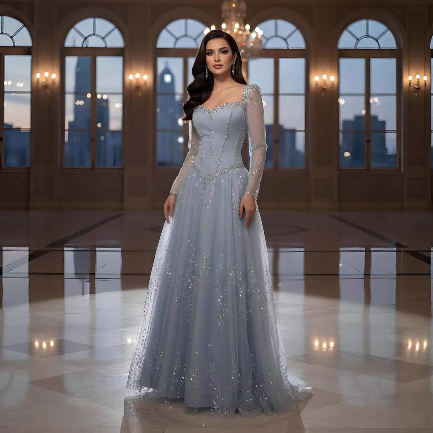 Luxury Blue Crystal Beaded A Line Evening Dress With Long Sleeves