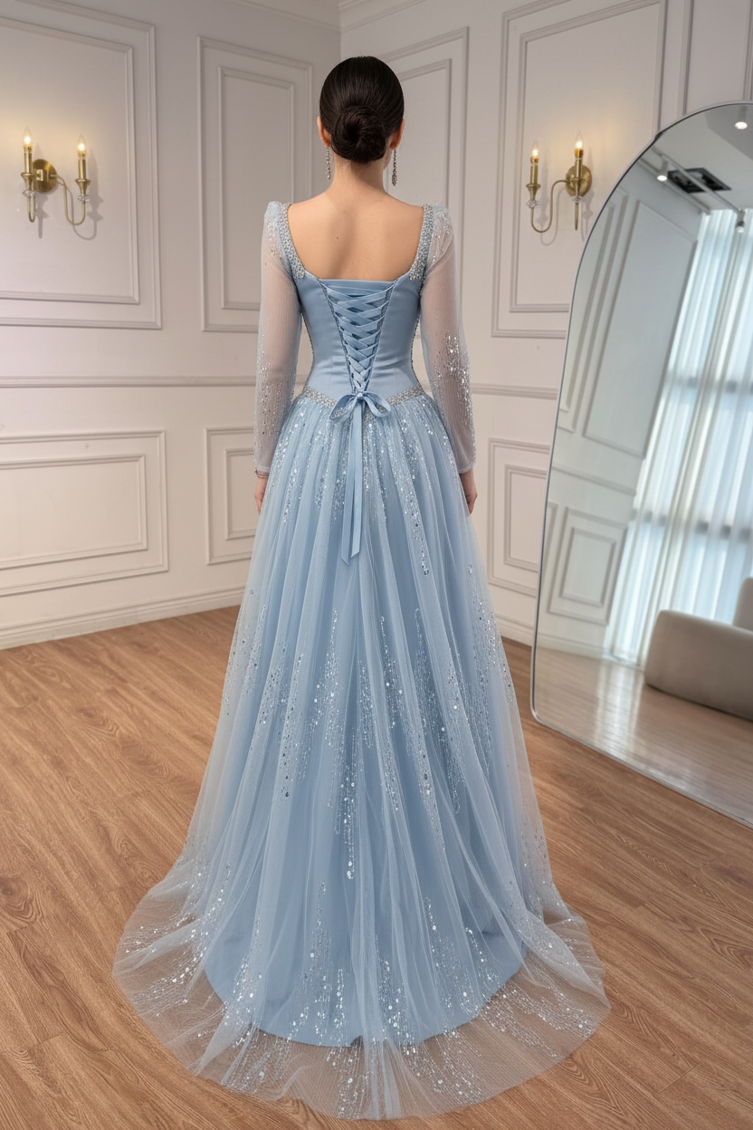 Luxury Blue Crystal Beaded A Line Evening Dress With Long Sleeves