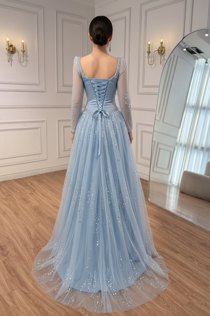 Luxury Blue Crystal Beaded A Line Evening Dress With Long Sleeves