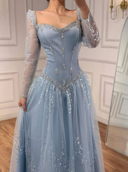 Luxury Blue Crystal Beaded A Line Evening Dress With Long Sleeves