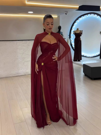 wine red Strapless Ruched Prom Evening Dress Gowns With Cape Slit