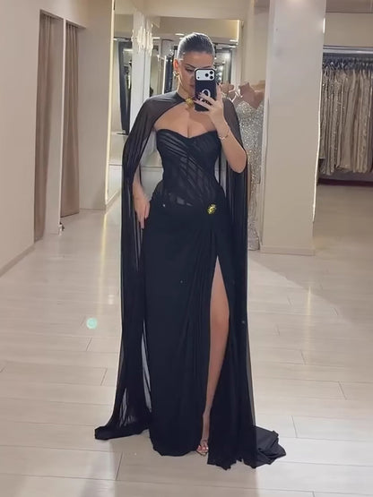 wine red Strapless Ruched Prom Evening Dress Gowns With Cape Slit