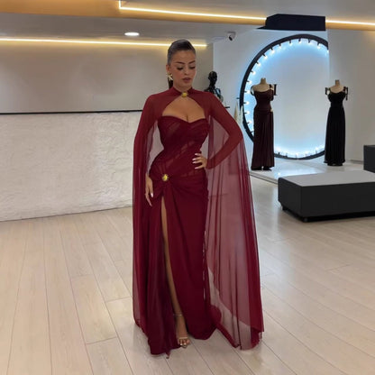 wine red Strapless Ruched Prom Evening Dress Gowns With Cape Slit