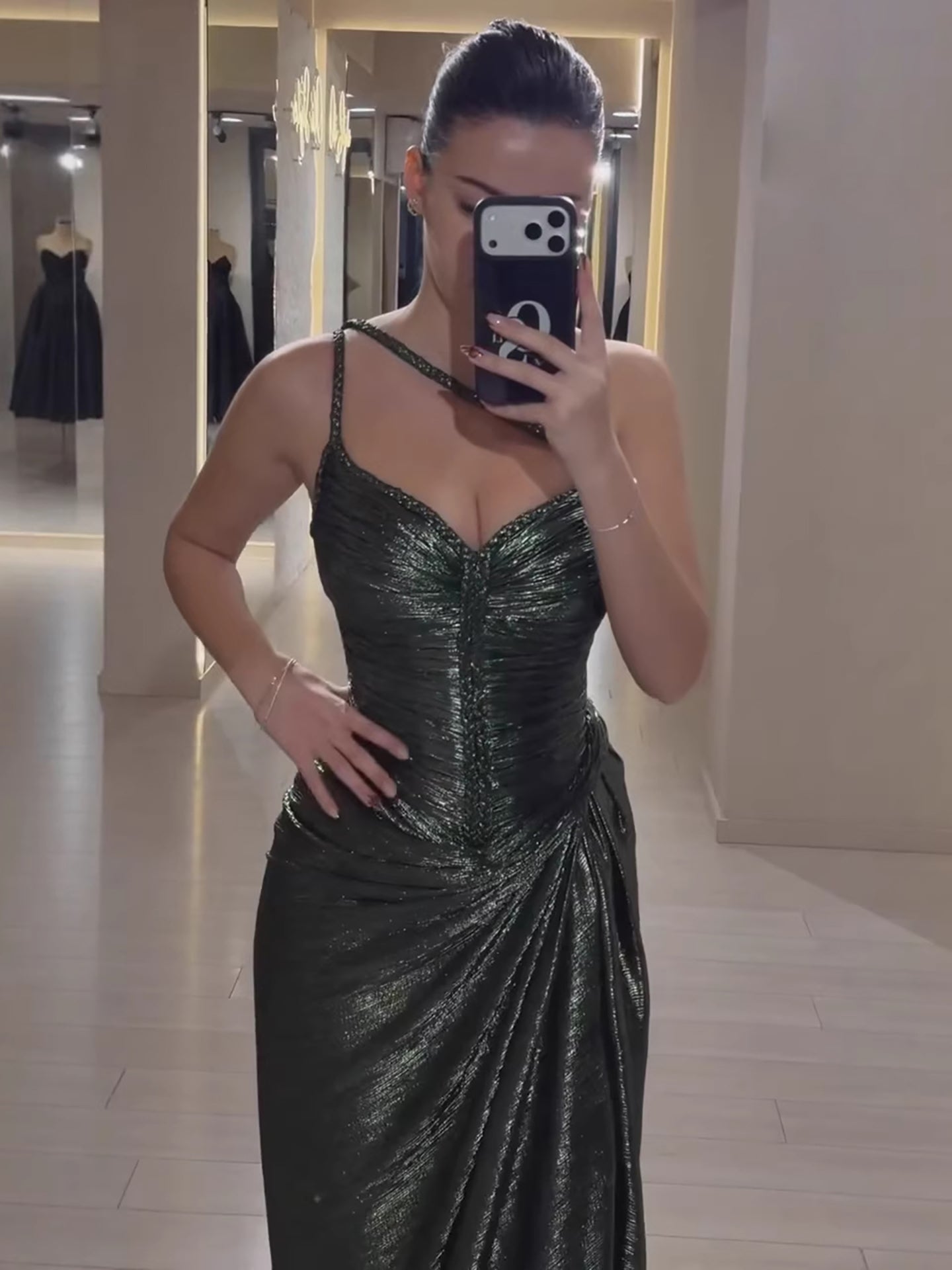 Luxury Olive Green Corset Beaded One Shoulder Evening Dress With Slit