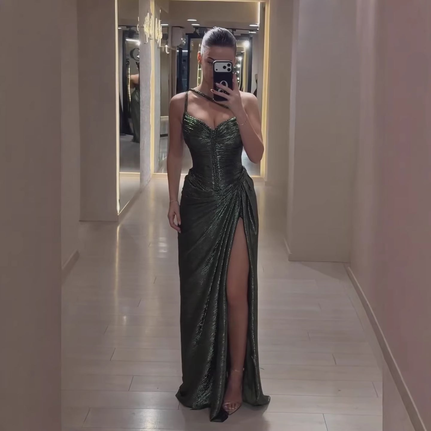 Luxury Olive Green Corset Beaded One Shoulder Evening Dress With Slit