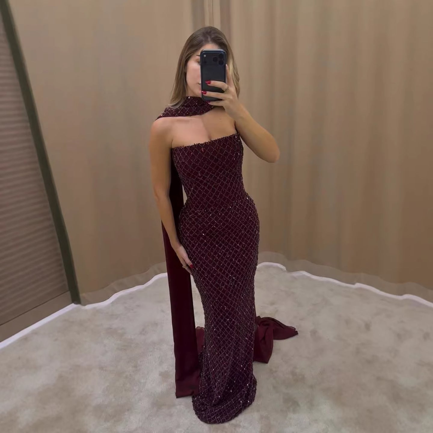 Luxury Wine Red Beaded Mermaid Evening Dress With Cape