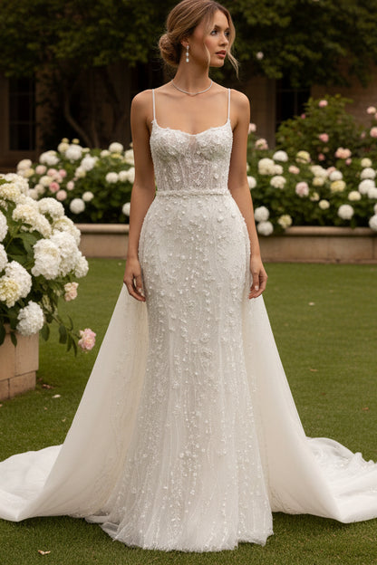 Trumpet Spaghetti Straps Beading Floral Wedding Dress with Tulle Overskrit