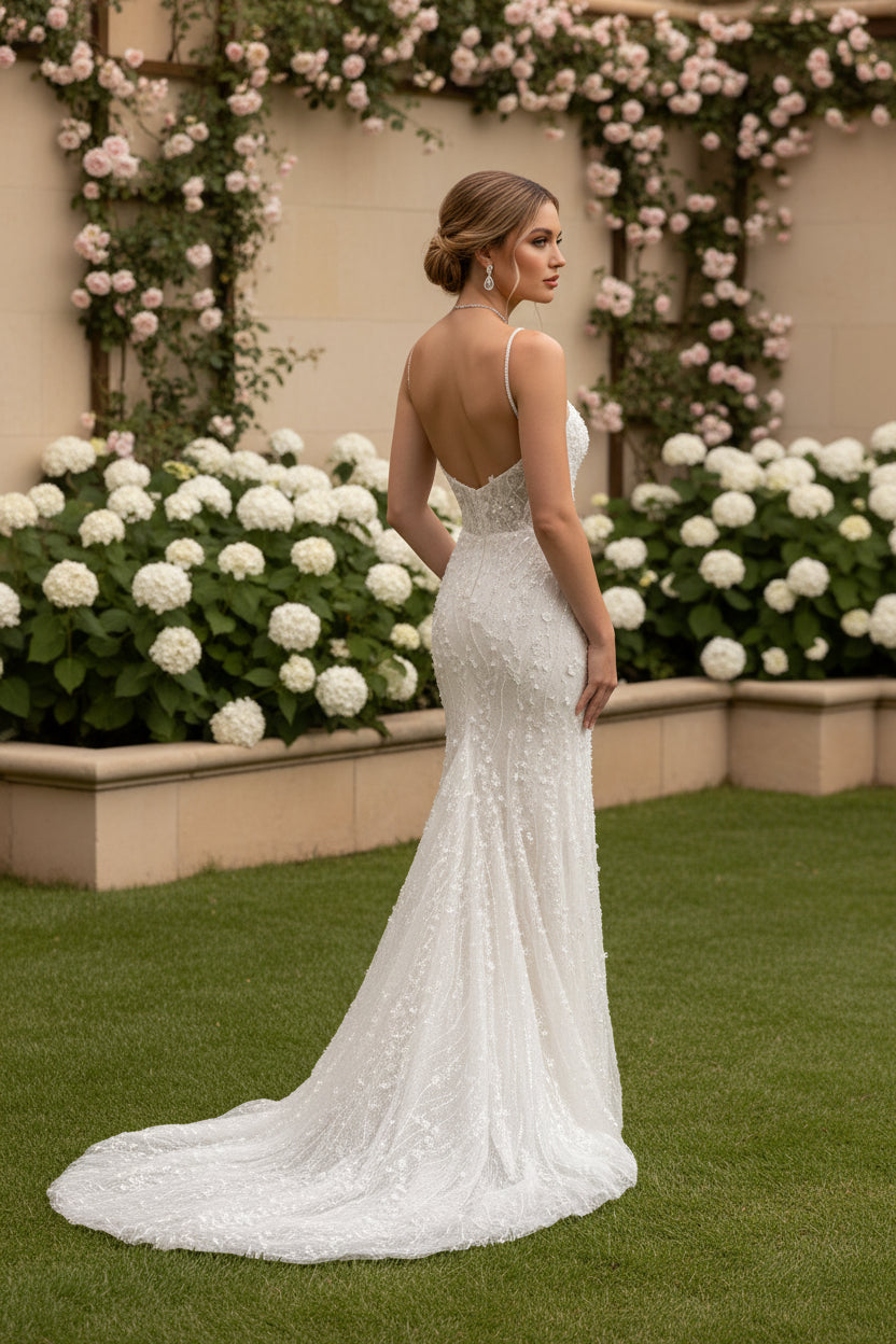 Trumpet Spaghetti Straps Beading Floral Wedding Dress with Tulle Overskrit